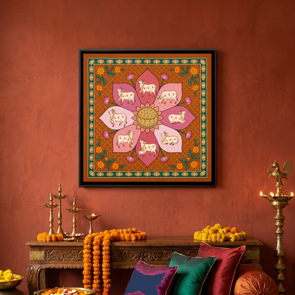 Cows on an Eight-Petalled Lotus - canvas art shown in a styled room