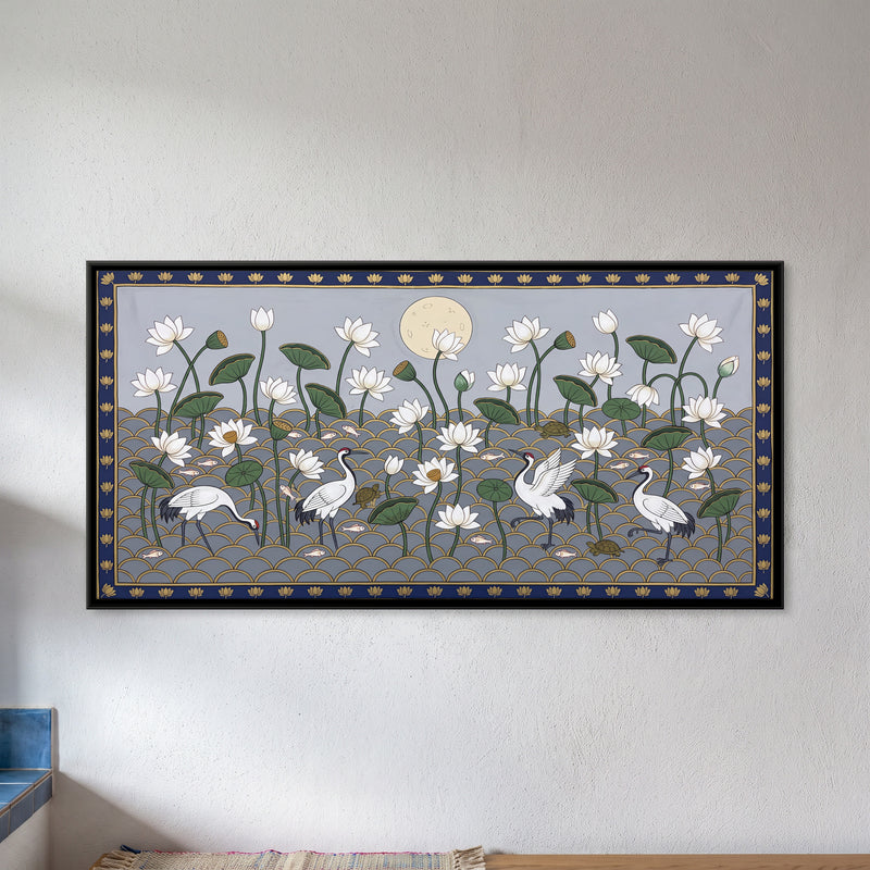 Lotus Pond Under a Full Moon - framed canvas art hung on a wall