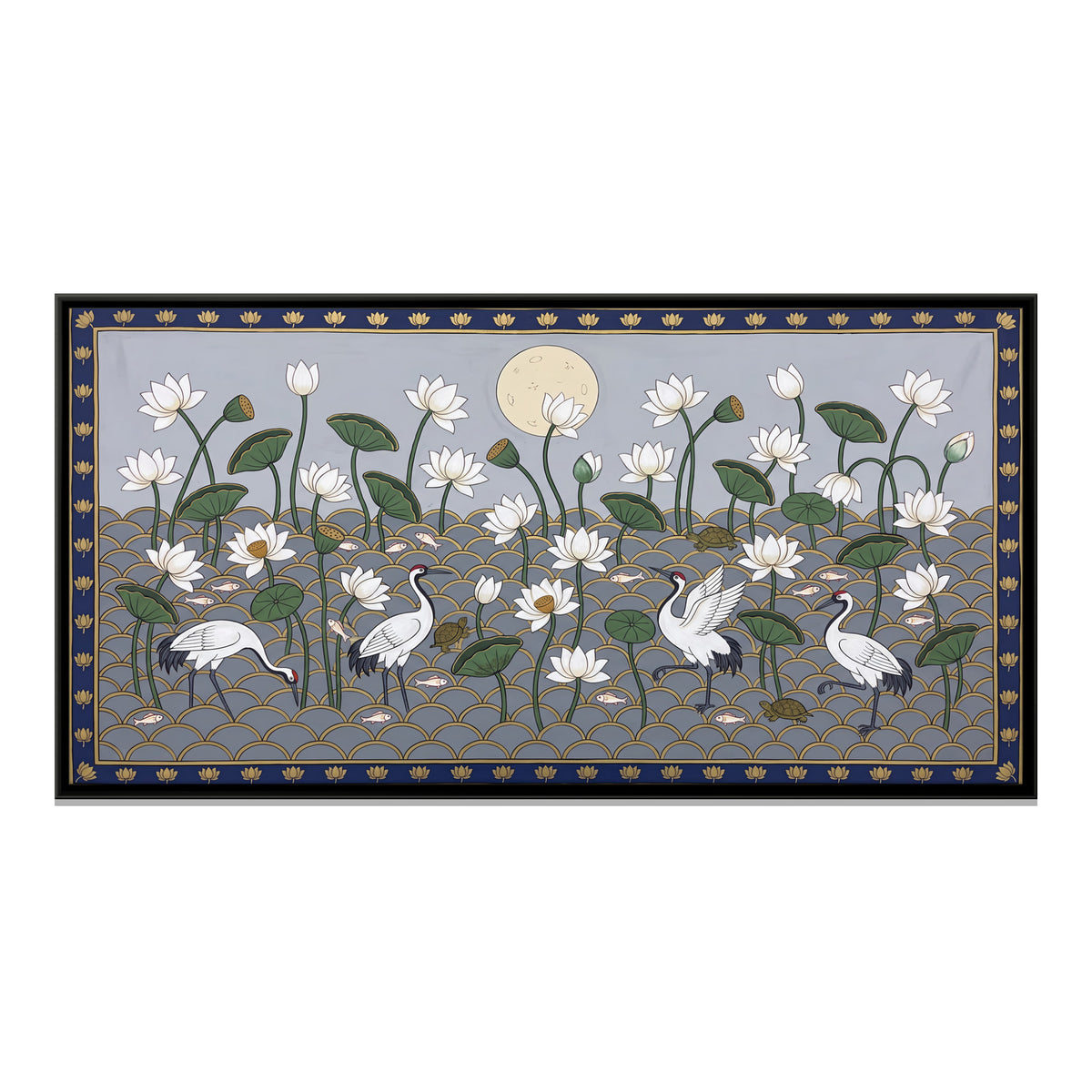 Lotus Pond Under a Full Moon - framed canvas print, front view