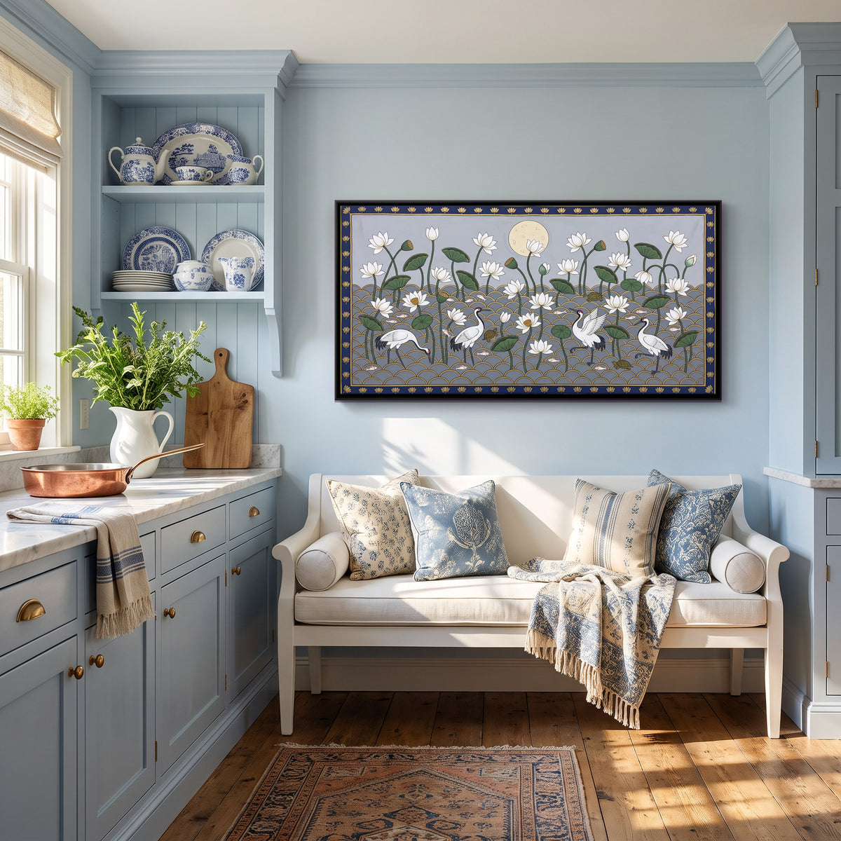 Lotus Pond Under a Full Moon - canvas art shown in a styled room