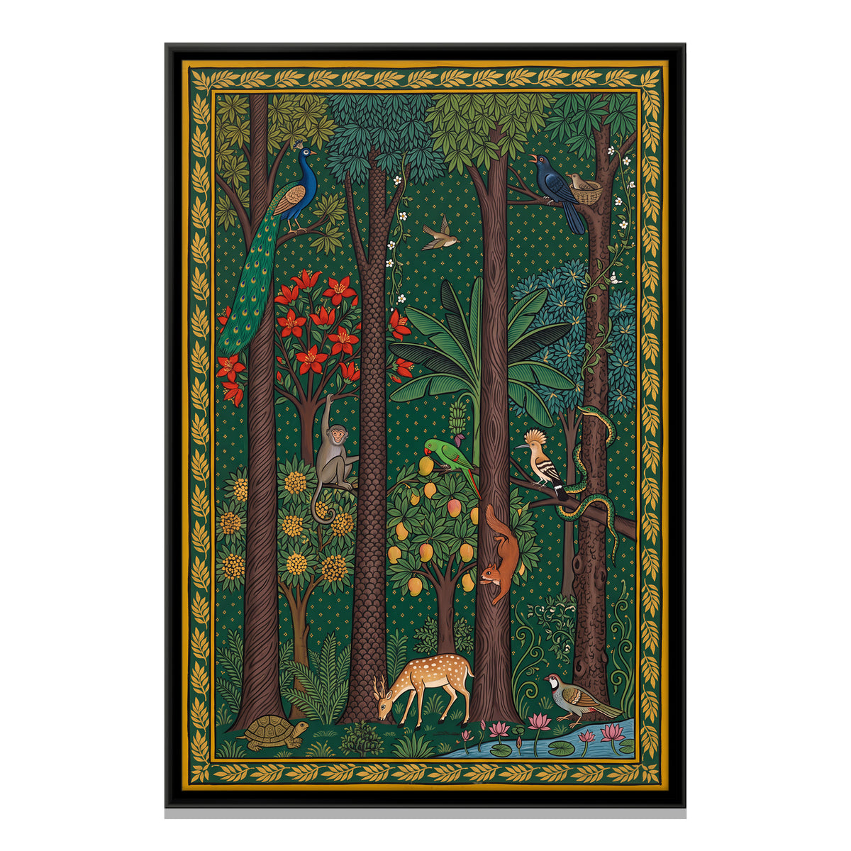 Forest with Peacocks and Deer - framed canvas print, front view