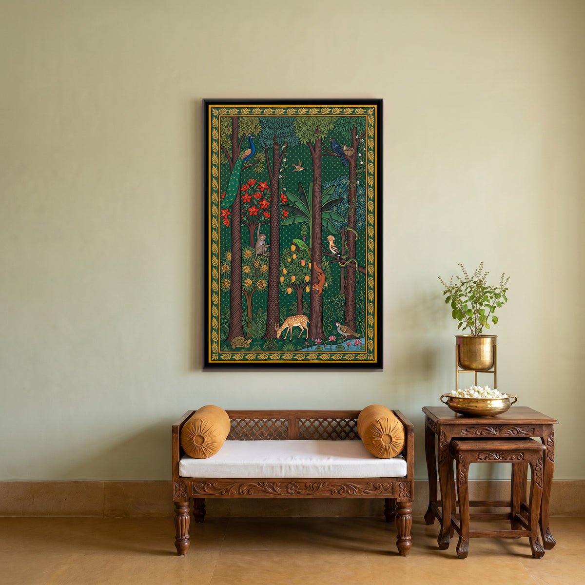 Forest with Peacocks and Deer - canvas art shown in a styled room
