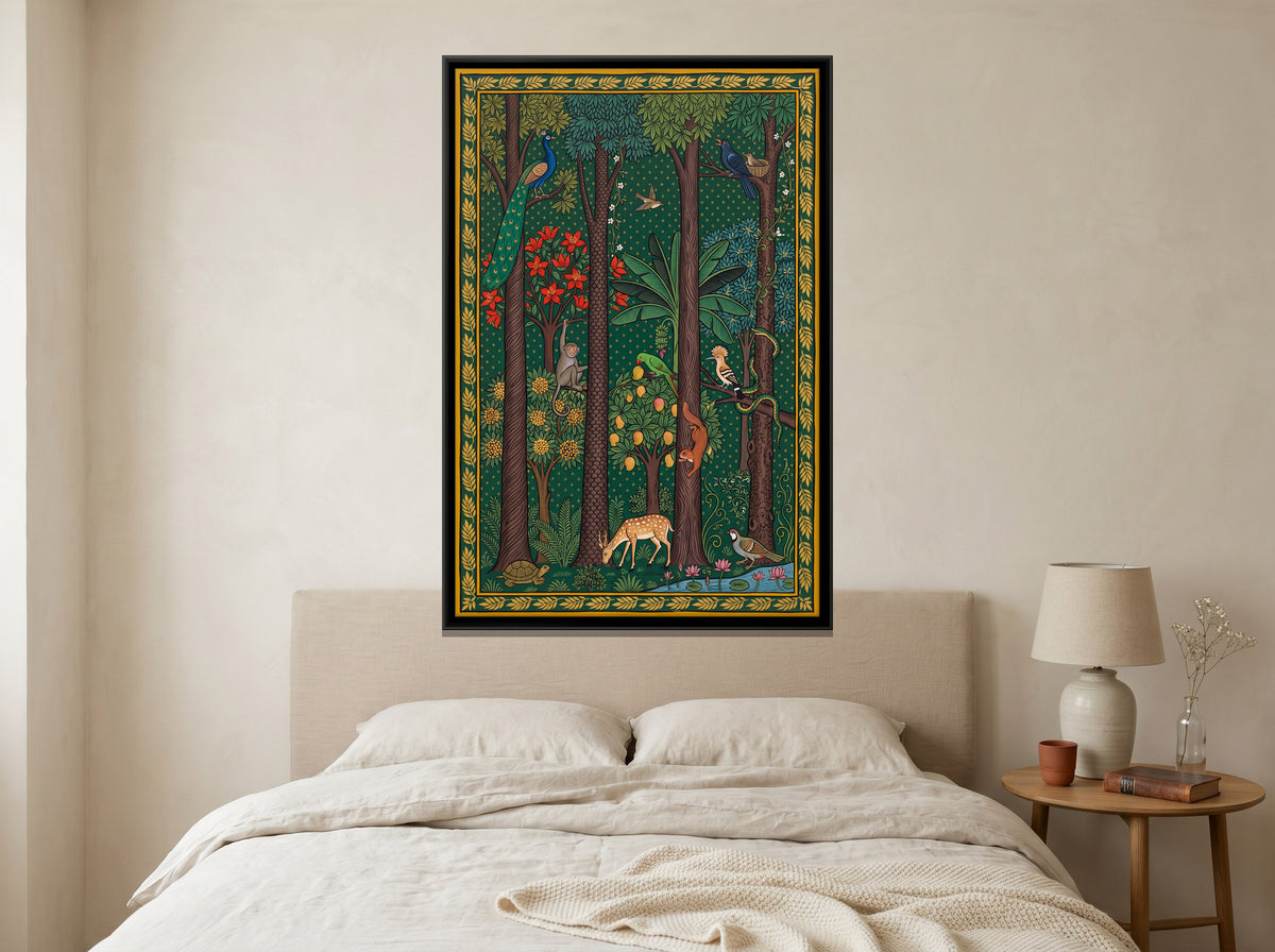 Forest with Peacocks and Deer - canvas art shown in a second room setting