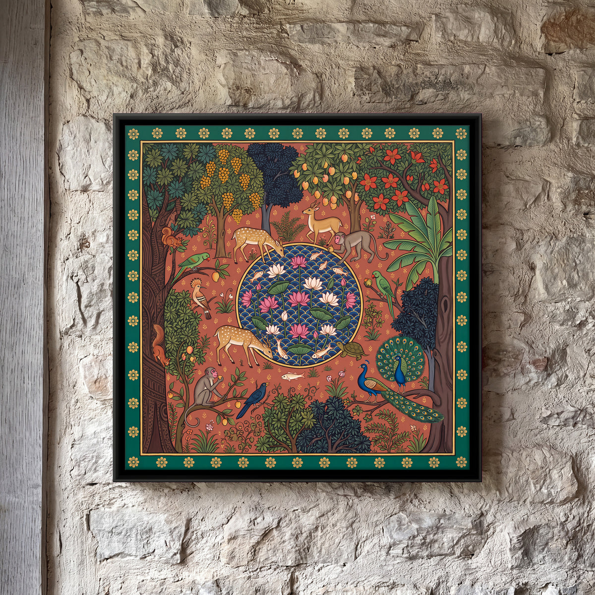 Animals at a Lotus Pool - framed canvas art hung on a wall