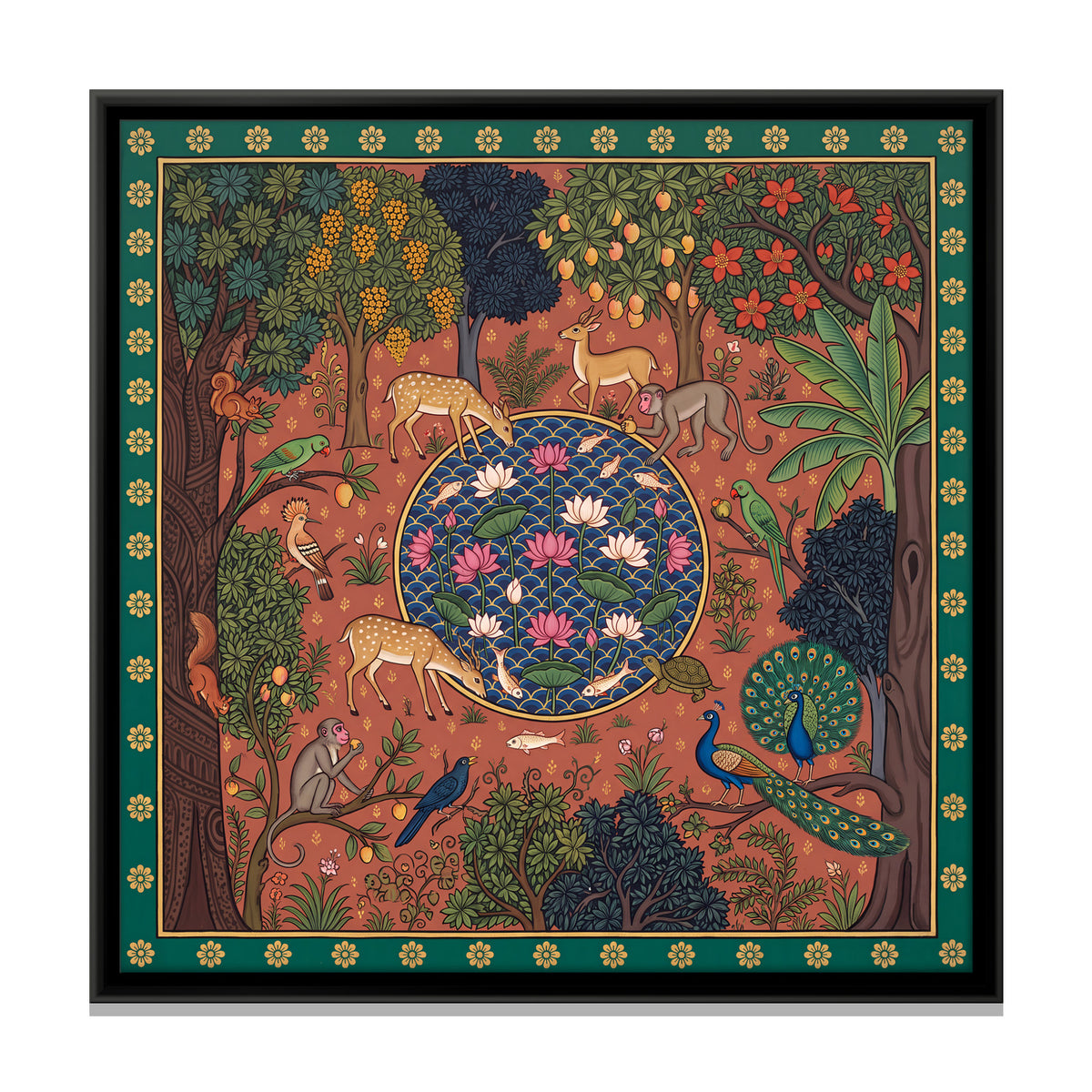 Animals at a Lotus Pool - framed canvas print, front view