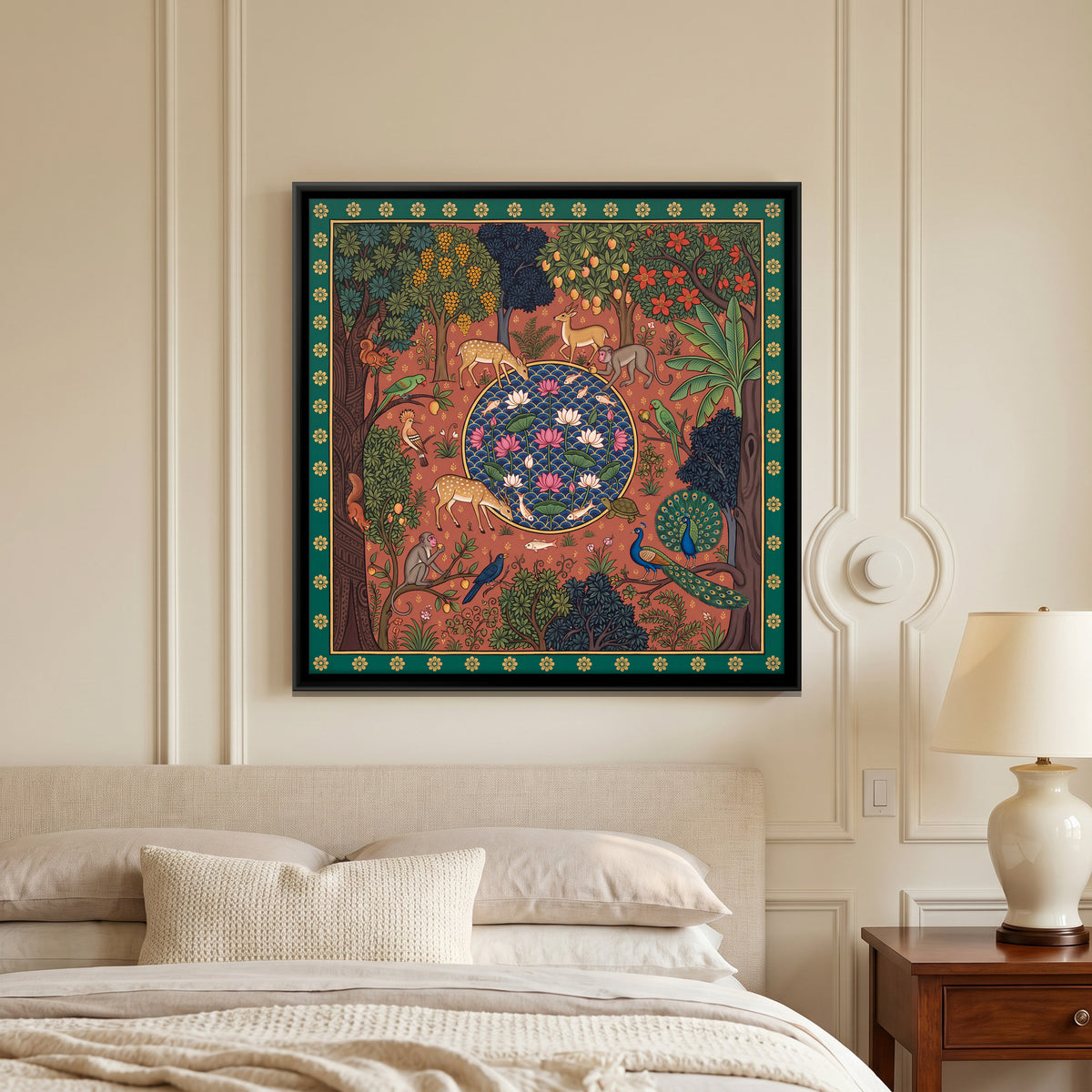 Animals at a Lotus Pool - canvas art shown in a styled room