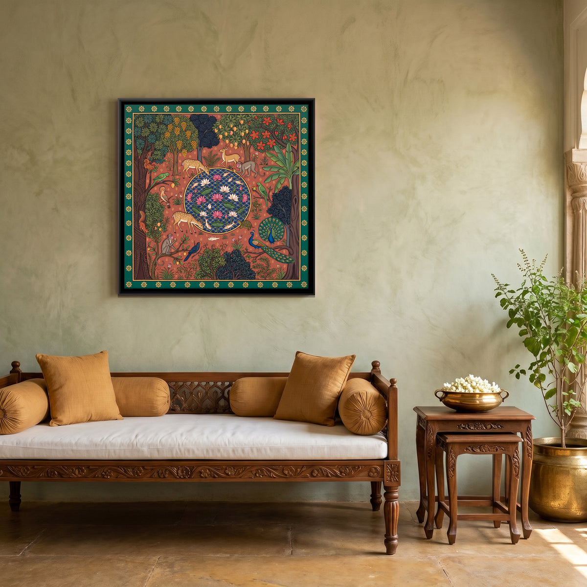 Animals at a Lotus Pool - canvas art shown in a second room setting