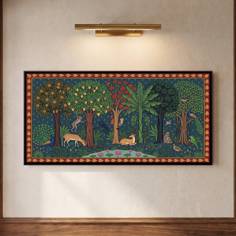 Fruit Grove with Deer and Monkeys - framed canvas art hung on a wall
