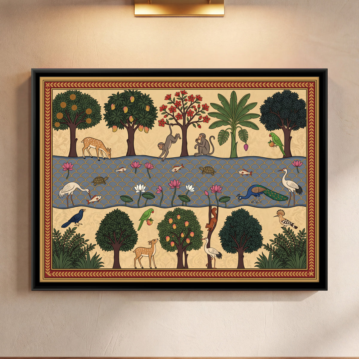 Riverside Grove with Deer and Birds - framed canvas art hung on a wall
