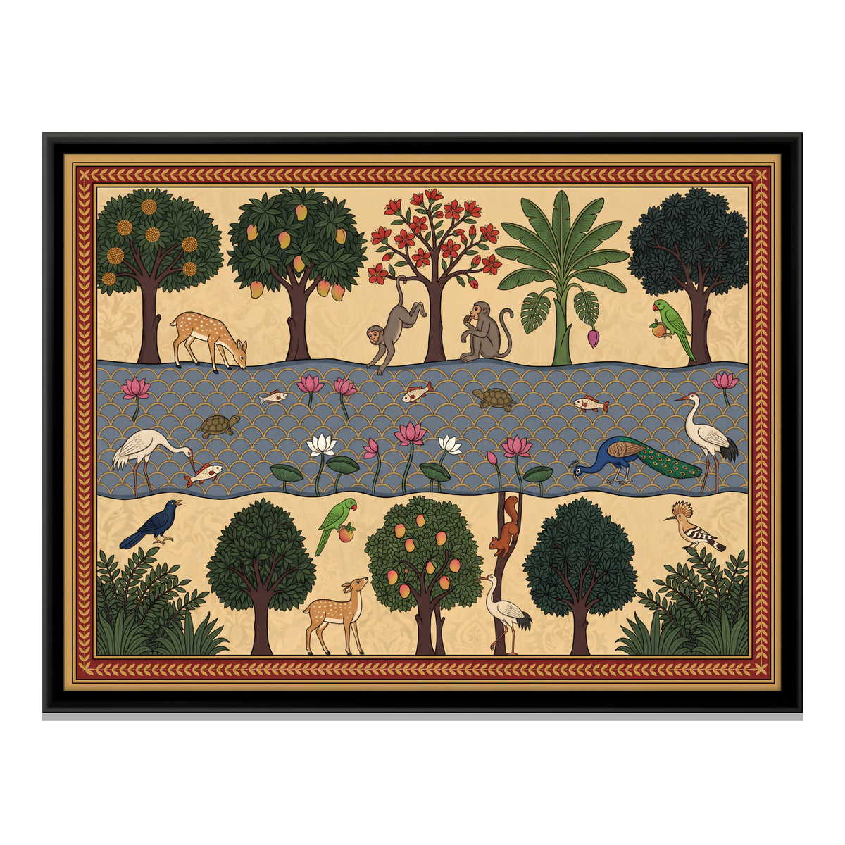 Riverside Grove with Deer and Birds - framed canvas print, front view