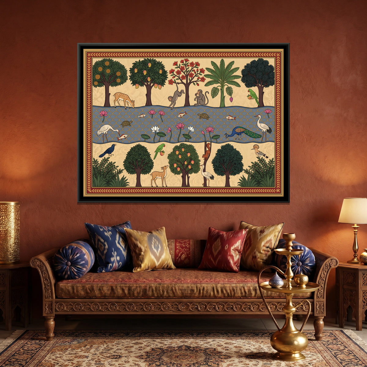 Riverside Grove with Deer and Birds - canvas art shown in a second room setting