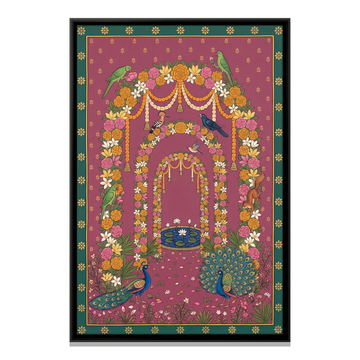 Floral Arch with Peacocks - framed canvas print, front view