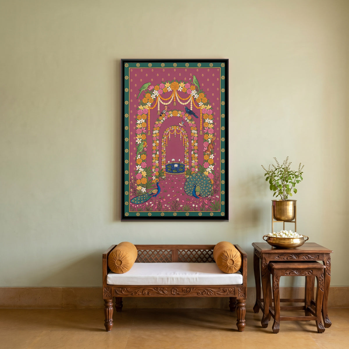 Floral Arch with Peacocks - canvas art shown in a second room setting