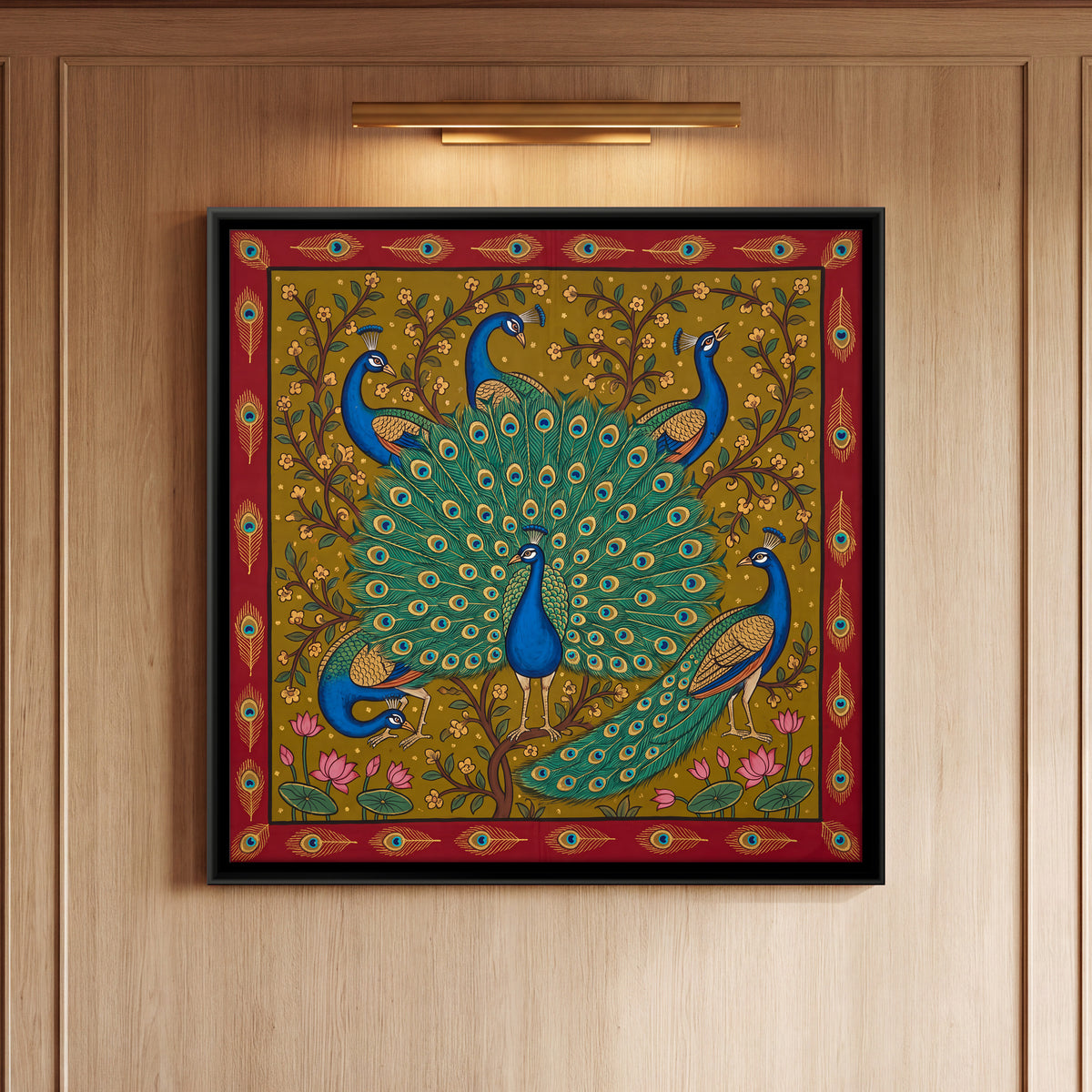 Peacocks Among Lotus - framed canvas art hung on a wall
