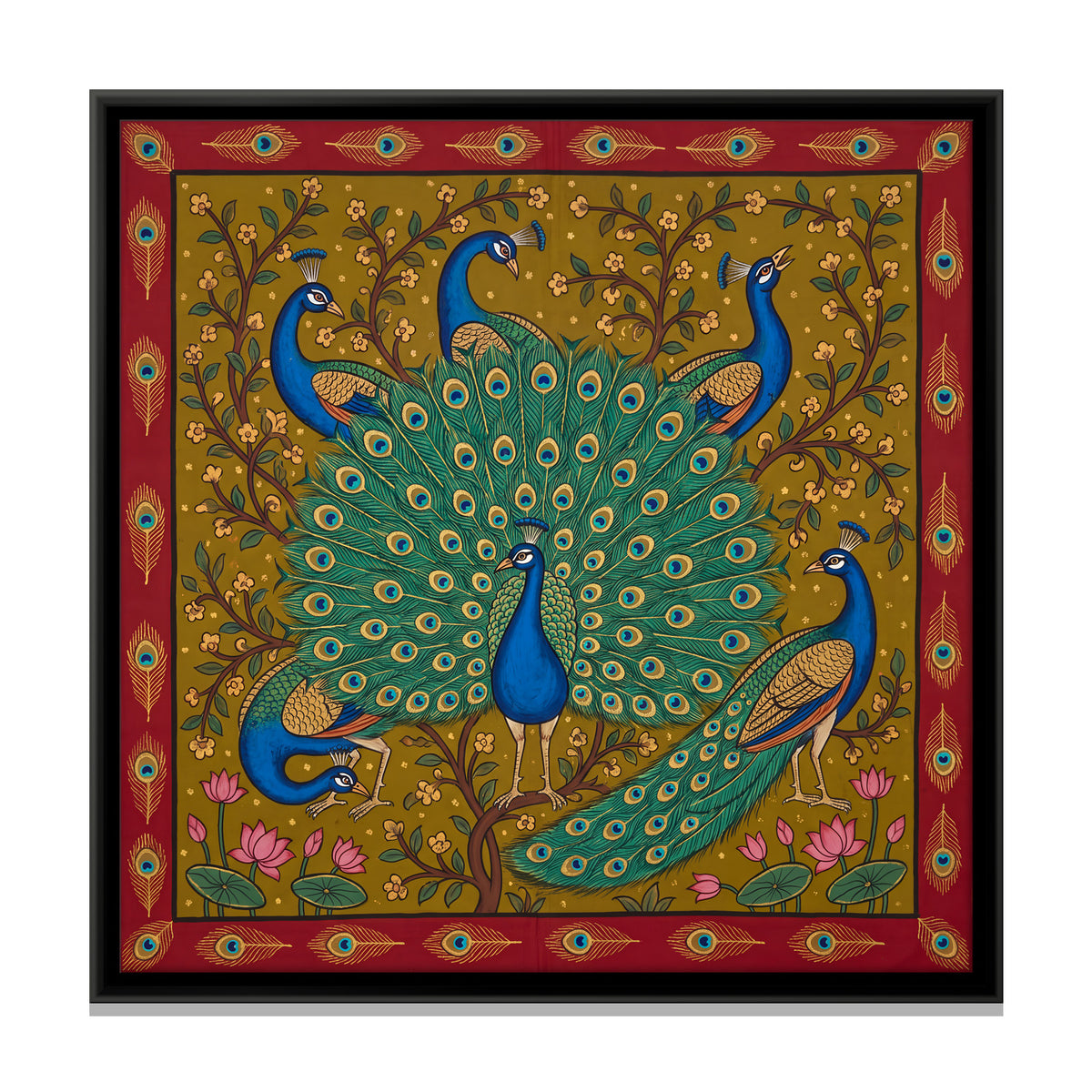 Peacocks Among Lotus - framed canvas print, front view