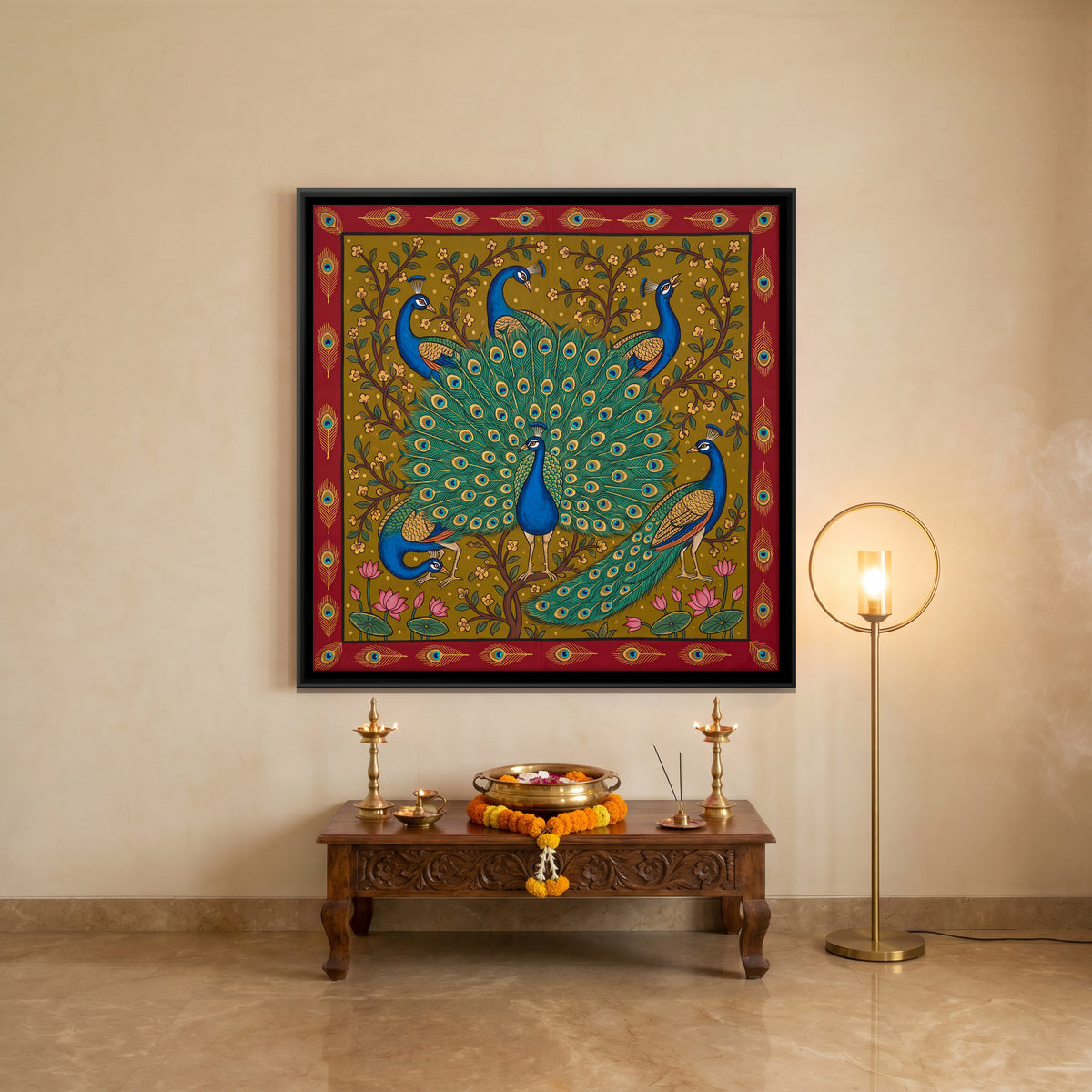 Peacocks Among Lotus - canvas art shown in a styled room