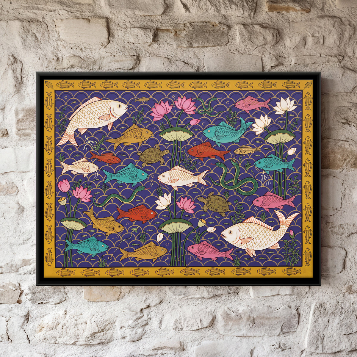 Fish and Turtles Among Lotus - framed canvas art hung on a wall
