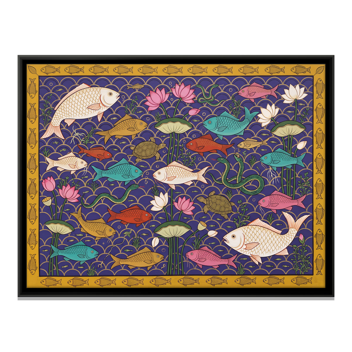 Fish and Turtles Among Lotus - framed canvas print, front view