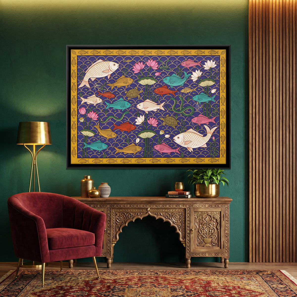 Fish and Turtles Among Lotus - canvas art shown in a styled room