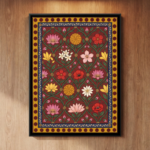 Stylized Lotus and Various Flowers on Red Background