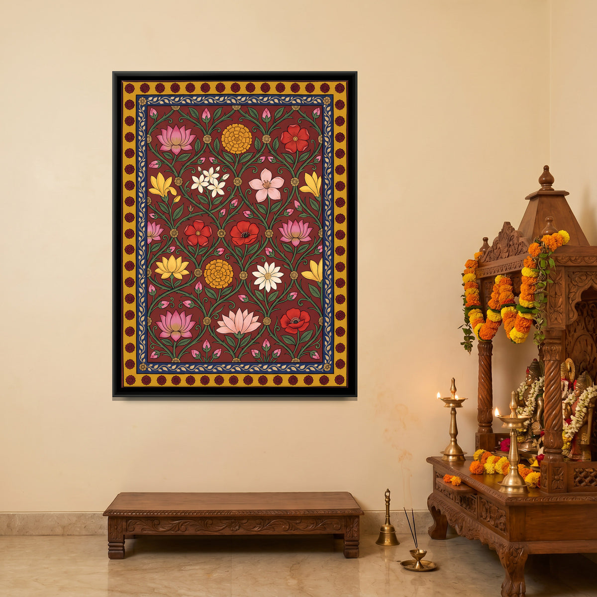 Lotus and Flowers - canvas art shown in a styled room