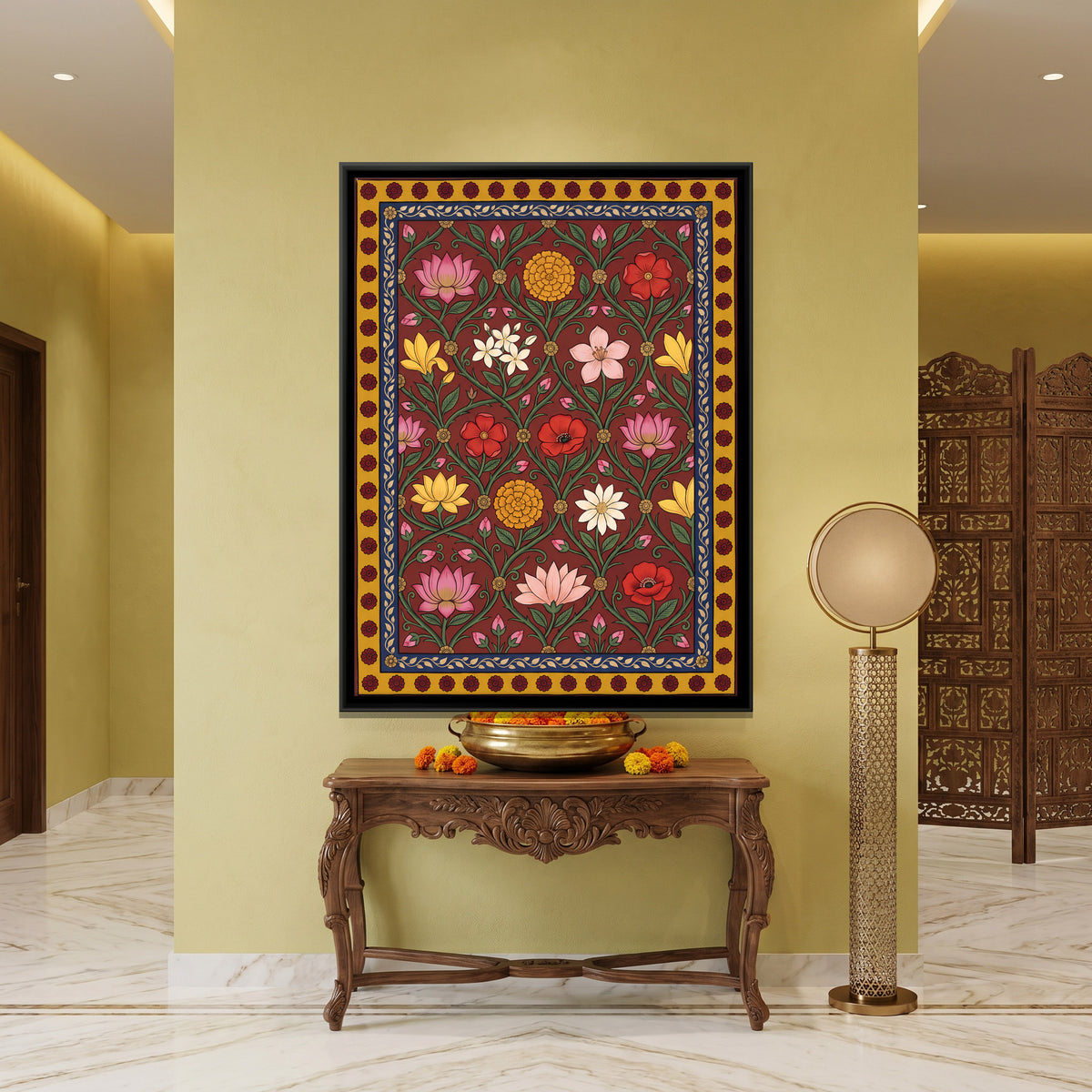 Lotus and Flowers - canvas art shown in a second room setting