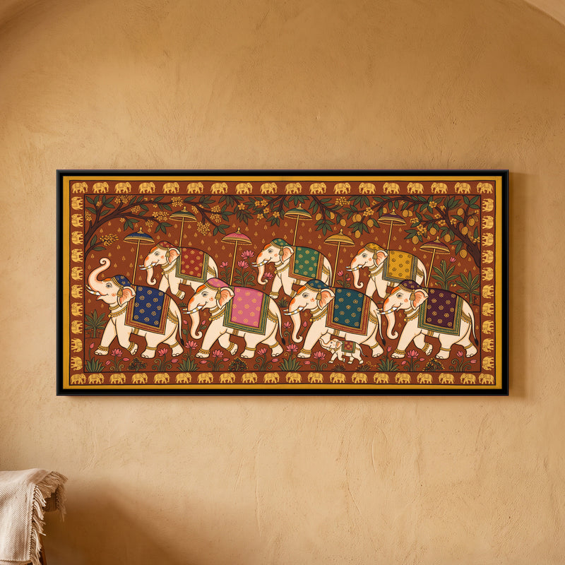 Elephant Procession - framed canvas art hung on a wall