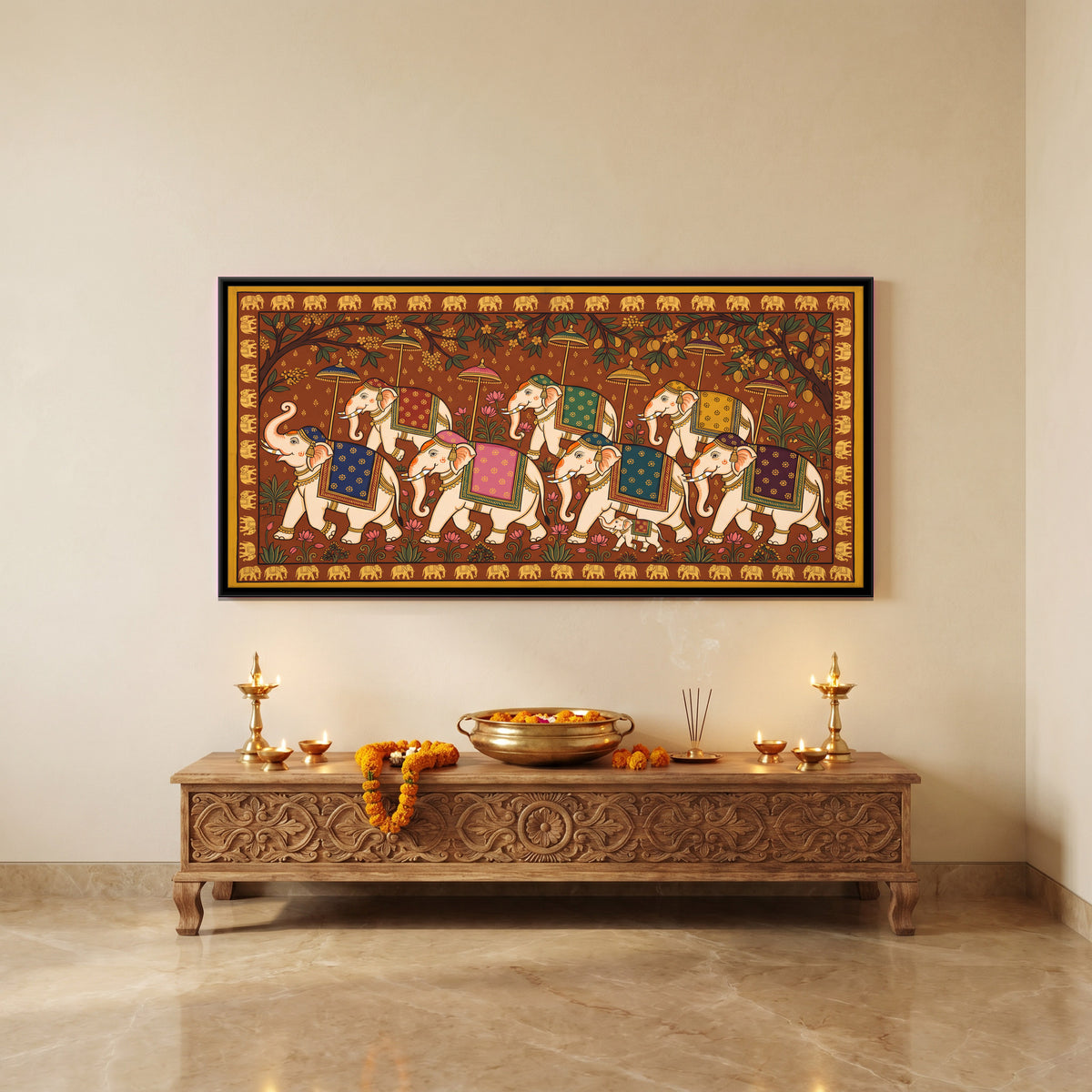 Elephant Procession - canvas art shown in a styled room