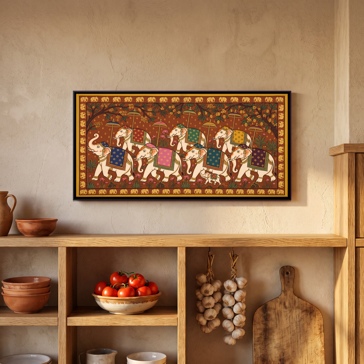 Elephant Procession - canvas art shown in a second room setting