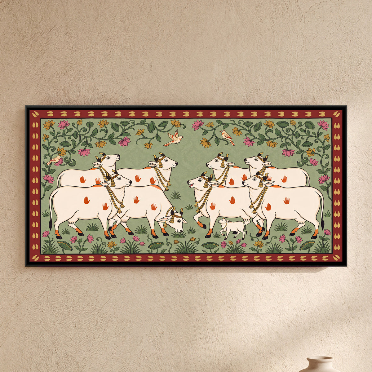 Herd of Cows with a Calf - framed canvas art hung on a wall