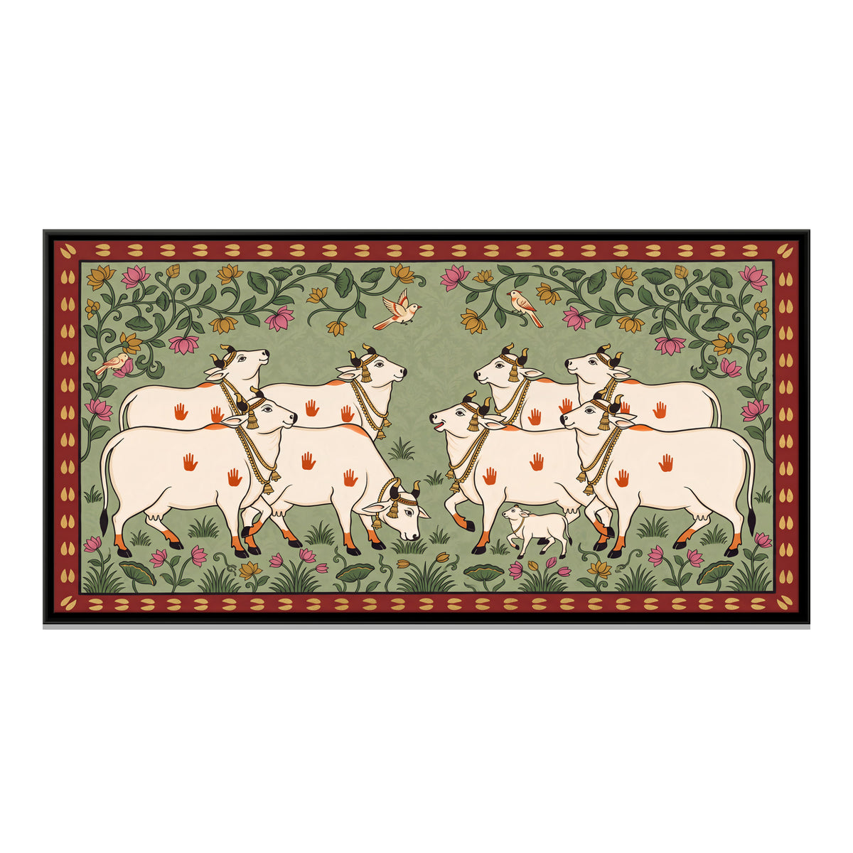 Herd of Cows with a Calf - framed canvas print, front view