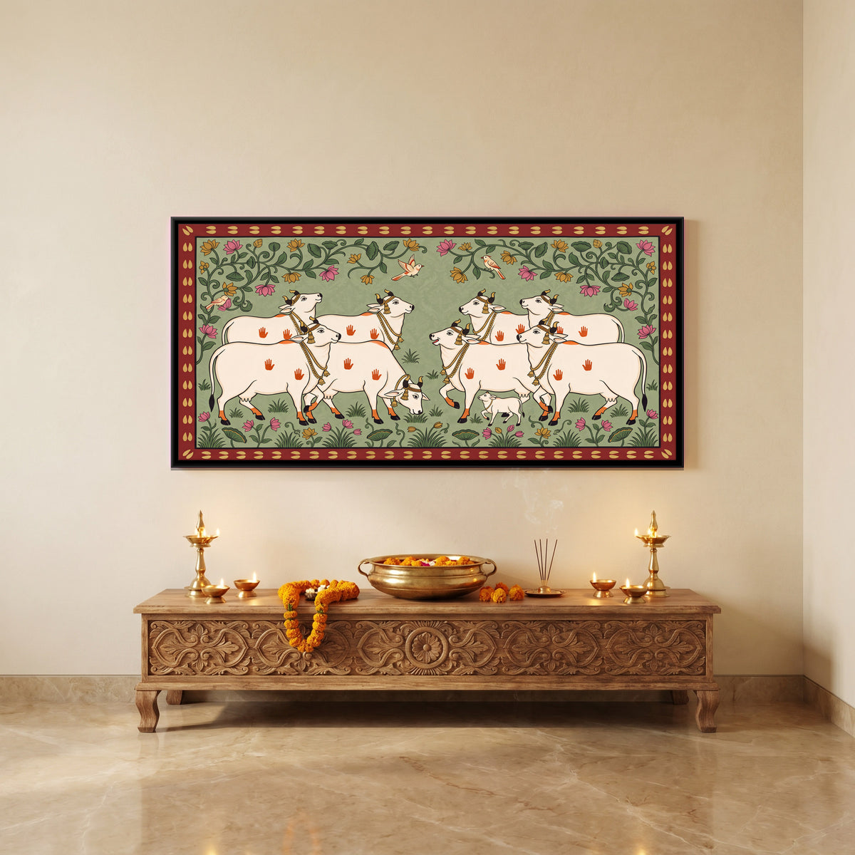 Herd of Cows with a Calf - canvas art shown in a styled room