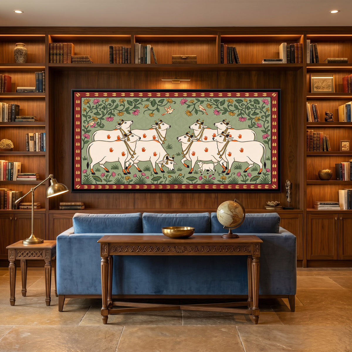 Herd of Cows with a Calf - canvas art shown in a second room setting