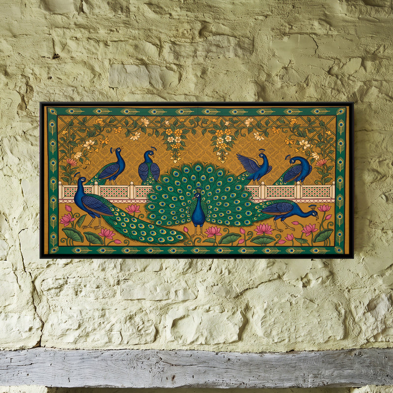 Peacocks on a Terrace - framed canvas art hung on a wall