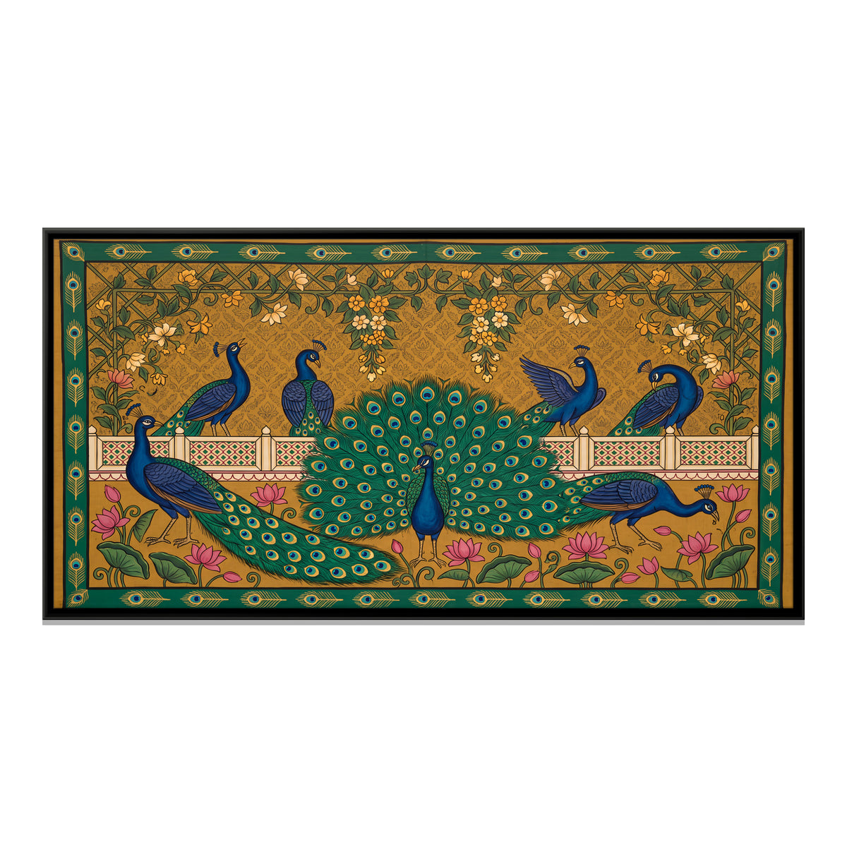 Peacocks on a Terrace - framed canvas print, front view