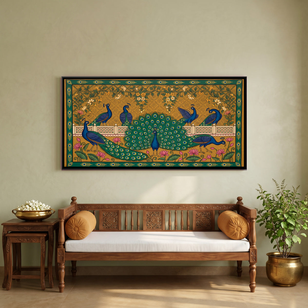 Peacocks on a Terrace - canvas art shown in a second room setting