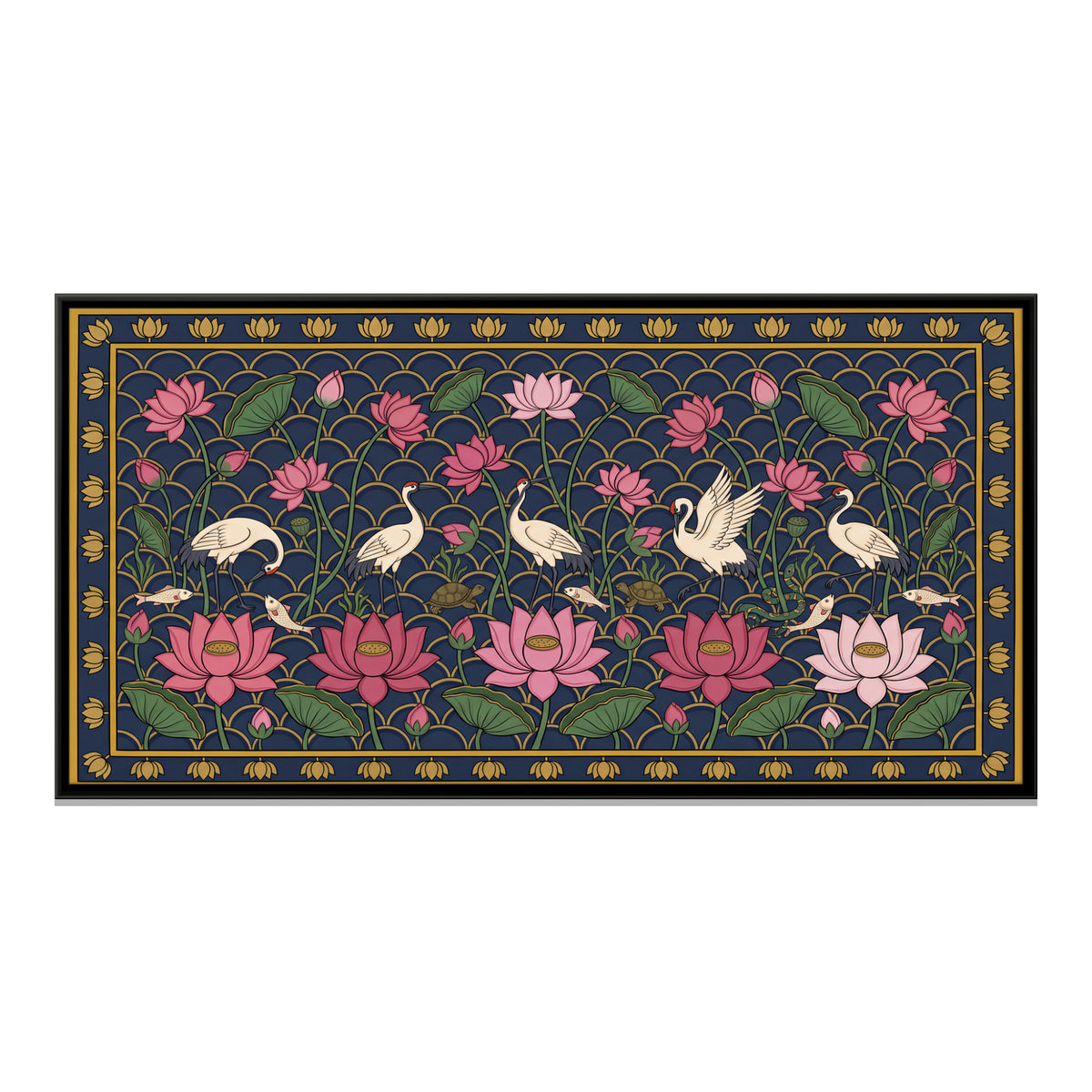 Cranes Among Lotus - framed canvas print, front view