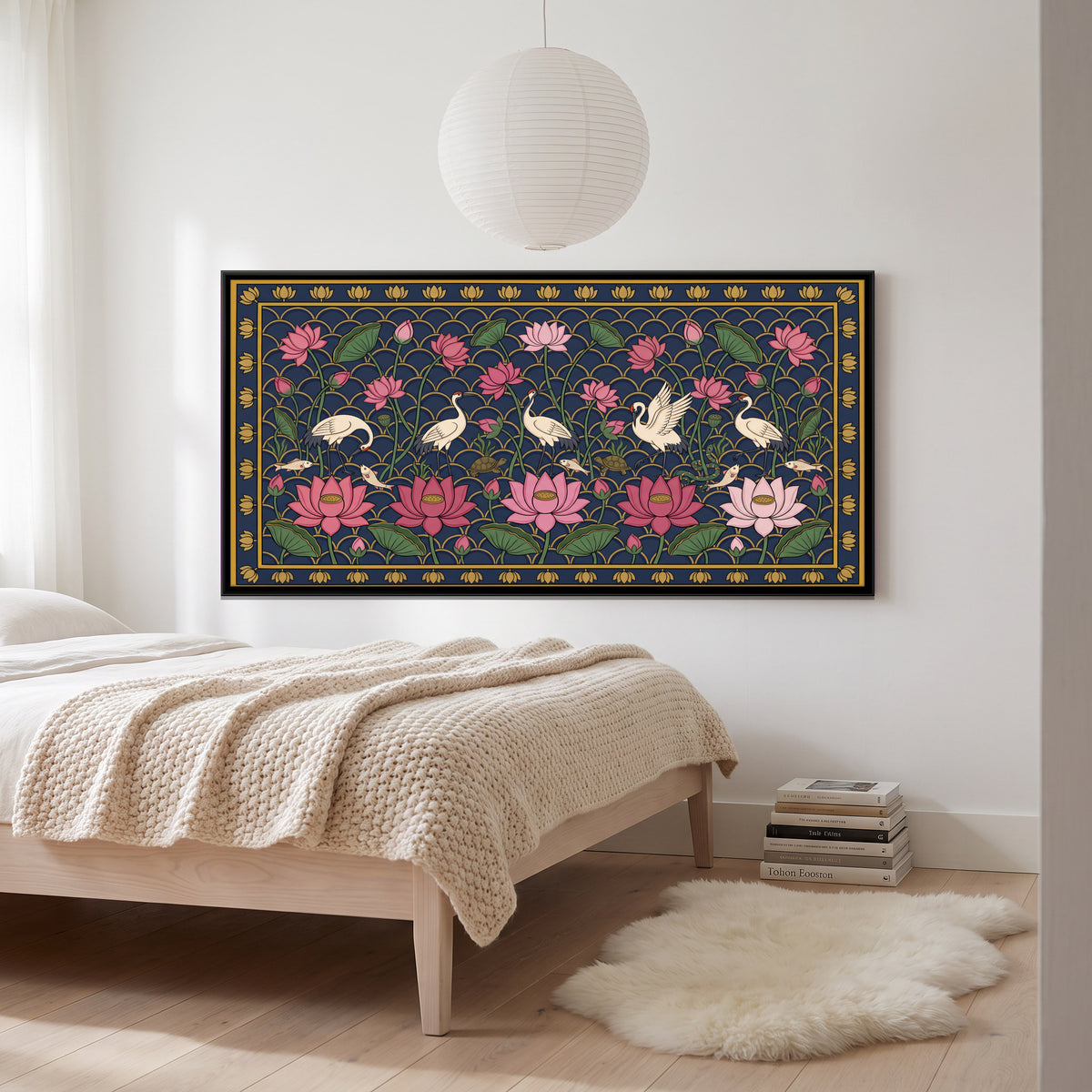 Cranes Among Lotus - canvas art shown in a styled room