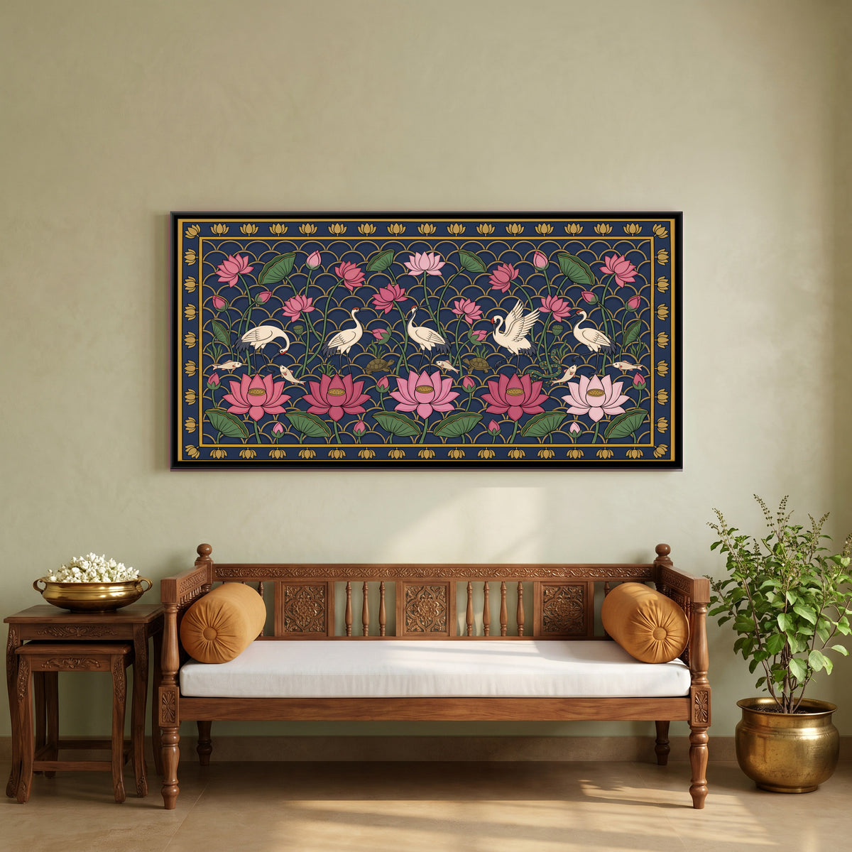 Cranes Among Lotus - canvas art shown in a second room setting