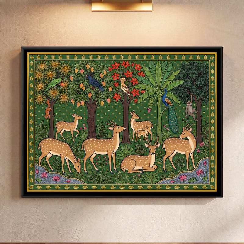 Herd of Spotted Deer in a Grove - framed canvas art hung on a wall