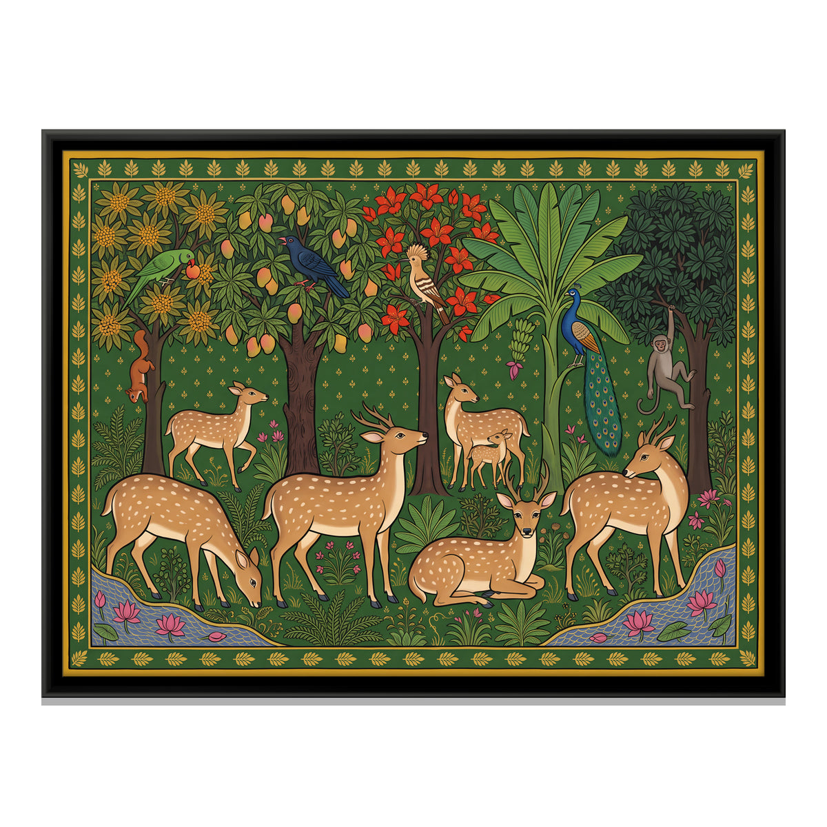 Herd of Spotted Deer in a Grove - framed canvas print, front view