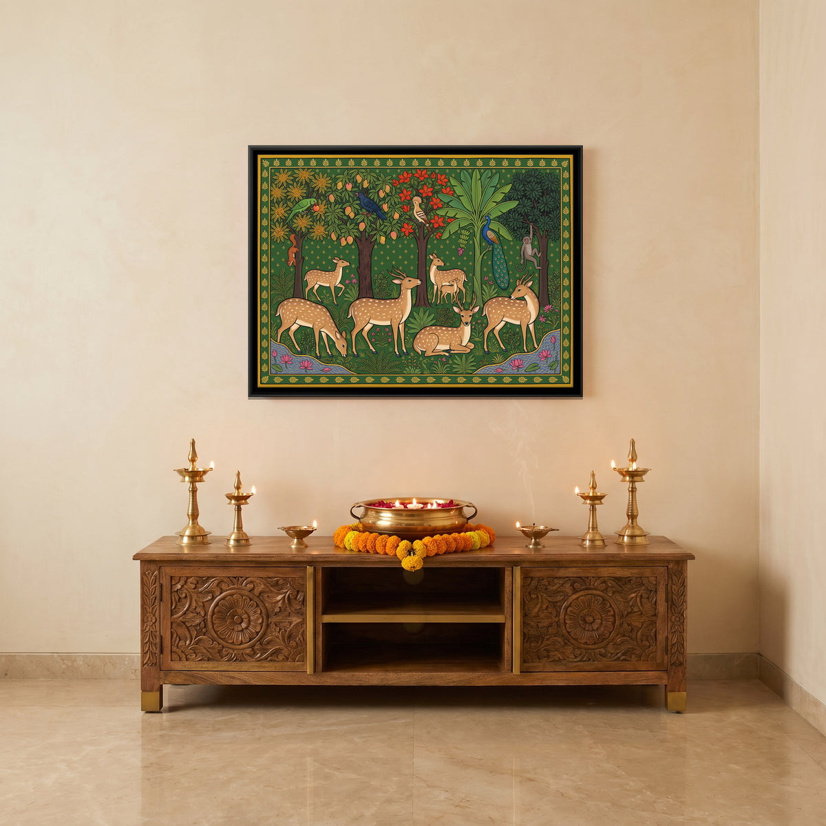 Herd of Spotted Deer in a Grove - canvas art shown in a styled room