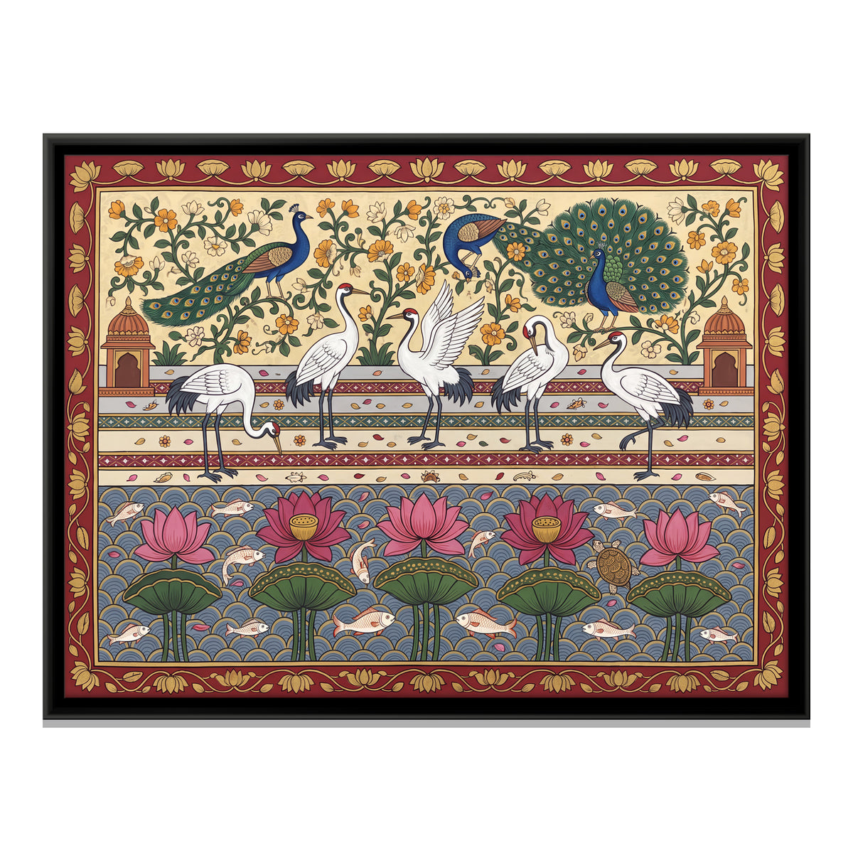 Peacocks and Cranes with Lotus - framed canvas print, front view