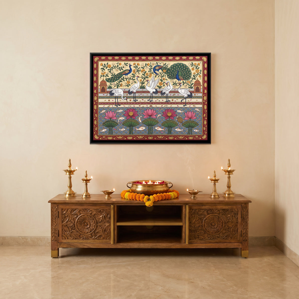 Peacocks and Cranes with Lotus - canvas art shown in a styled room