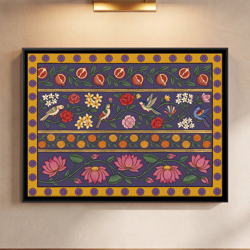 Bands of Lotus and Flowers - framed canvas art hung on a wall
