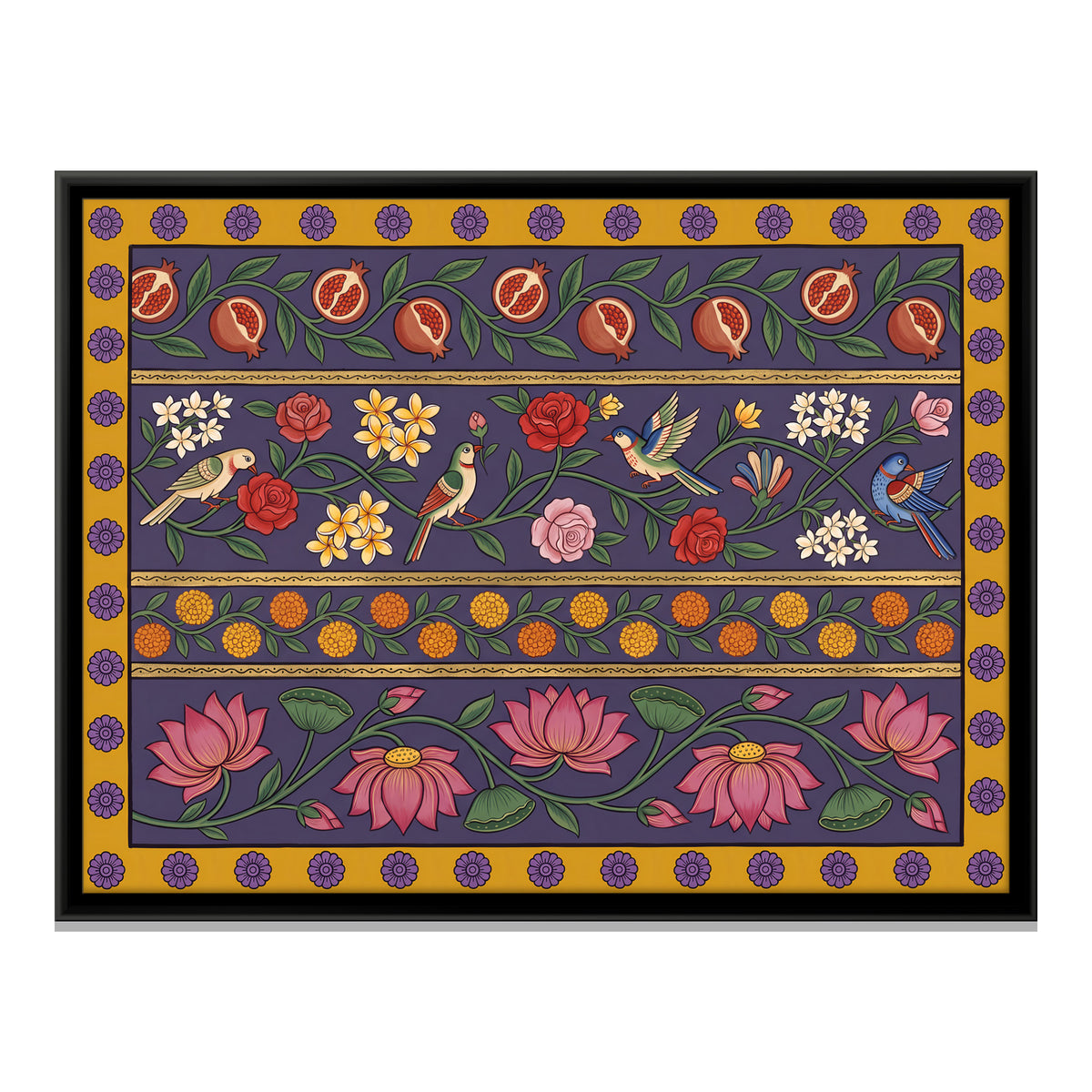 Bands of Lotus and Flowers - framed canvas print, front view
