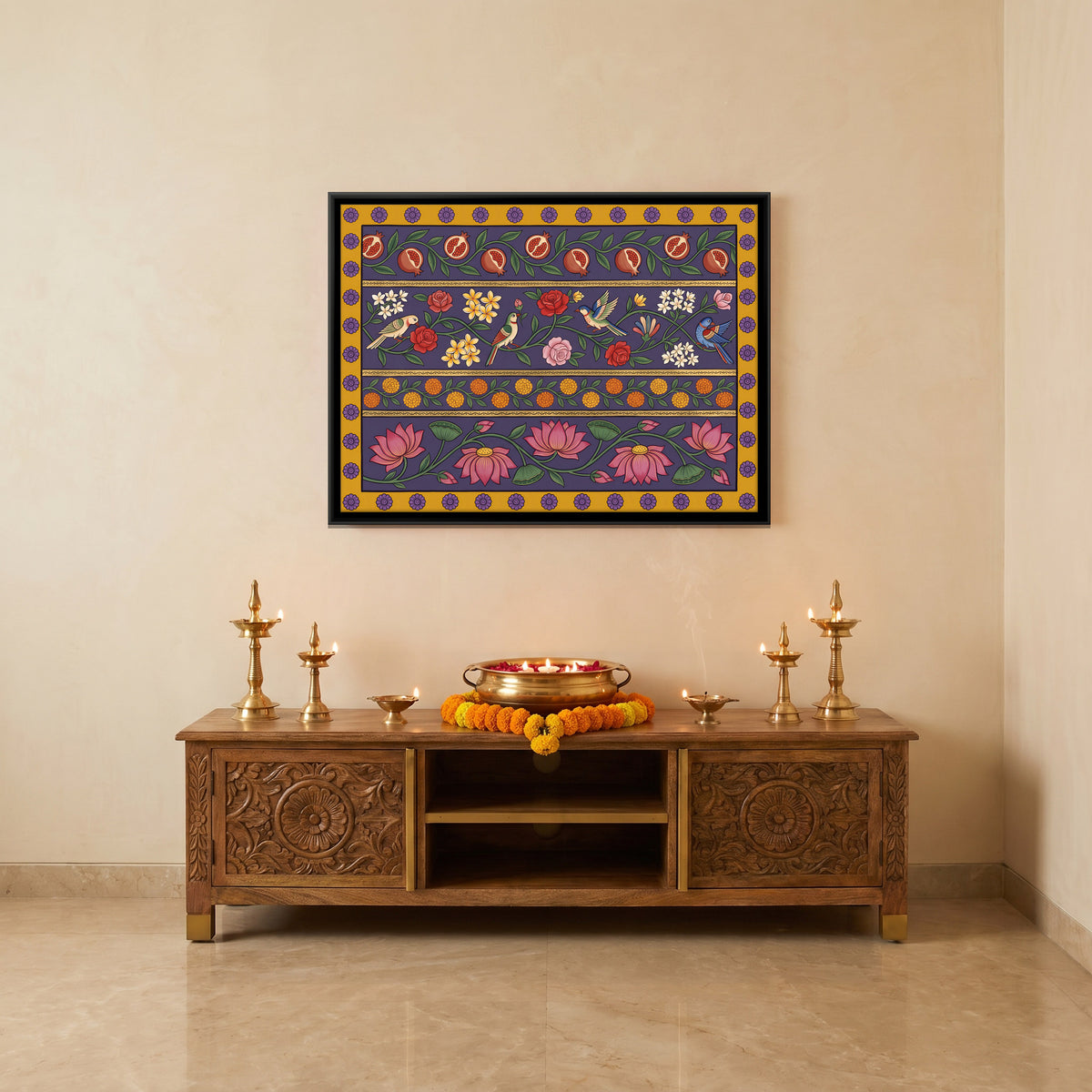 Bands of Lotus and Flowers - canvas art shown in a styled room