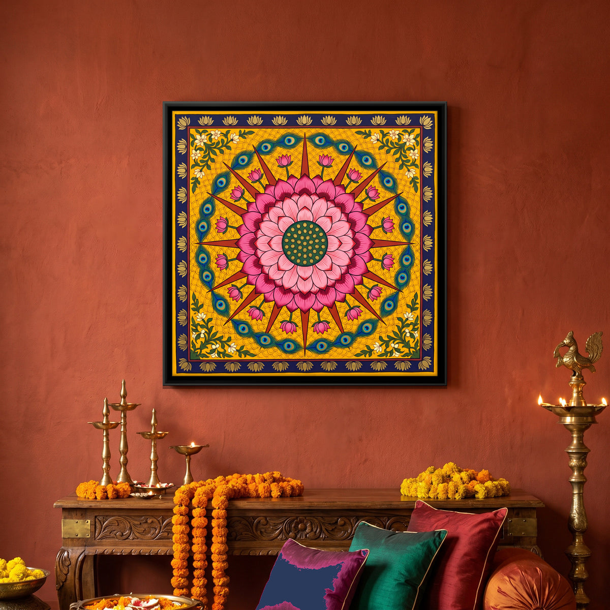 Lotus Mandala - canvas art shown in a styled room