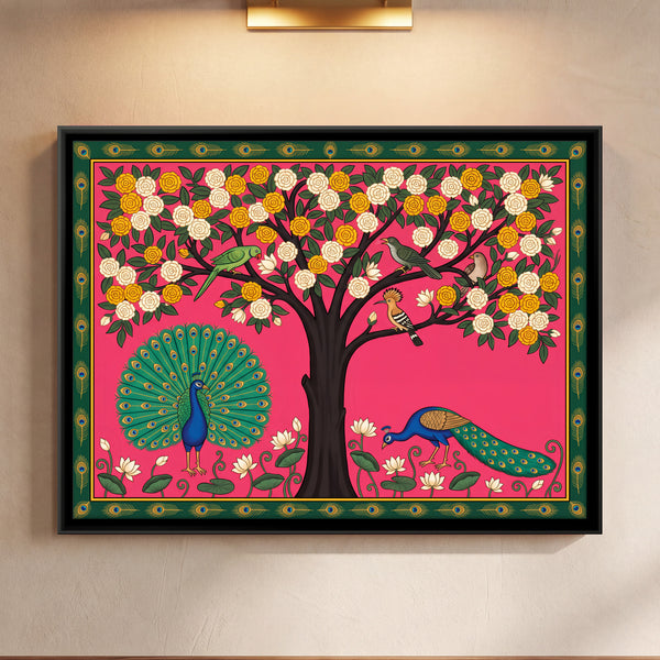 Blossoming Tree with Peacocks on a Pink Background