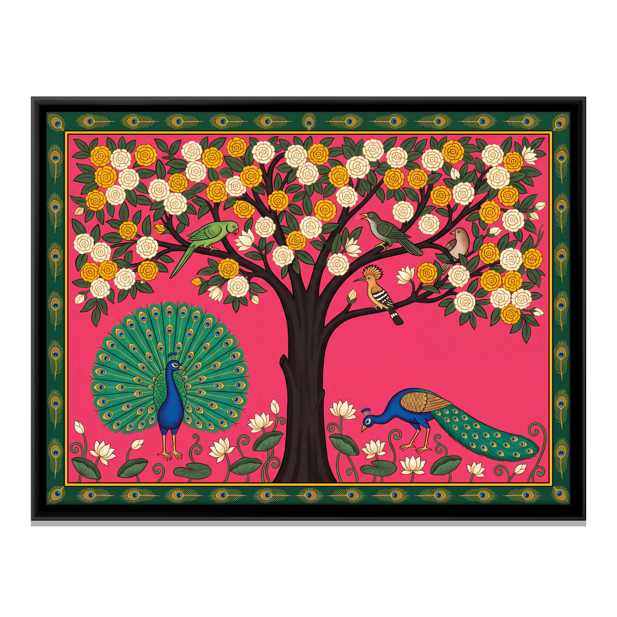 Blossom Tree with Peacocks - framed canvas print, front view